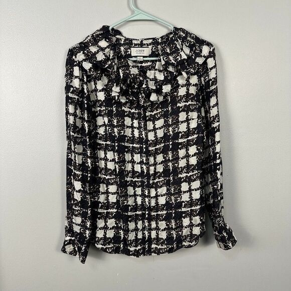 J. Crew Silk Twill Plaid Ruffle Womens Top Blouse Small Button Business - Picture 1 of 5